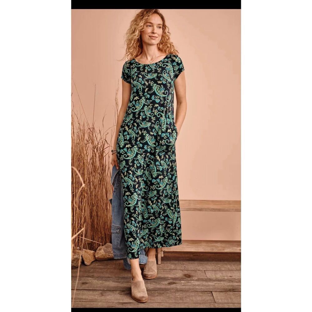J. Jill Pleated V-Back Maxi Dress In Navy Blue Tapestry Paisley Size Medium NEW